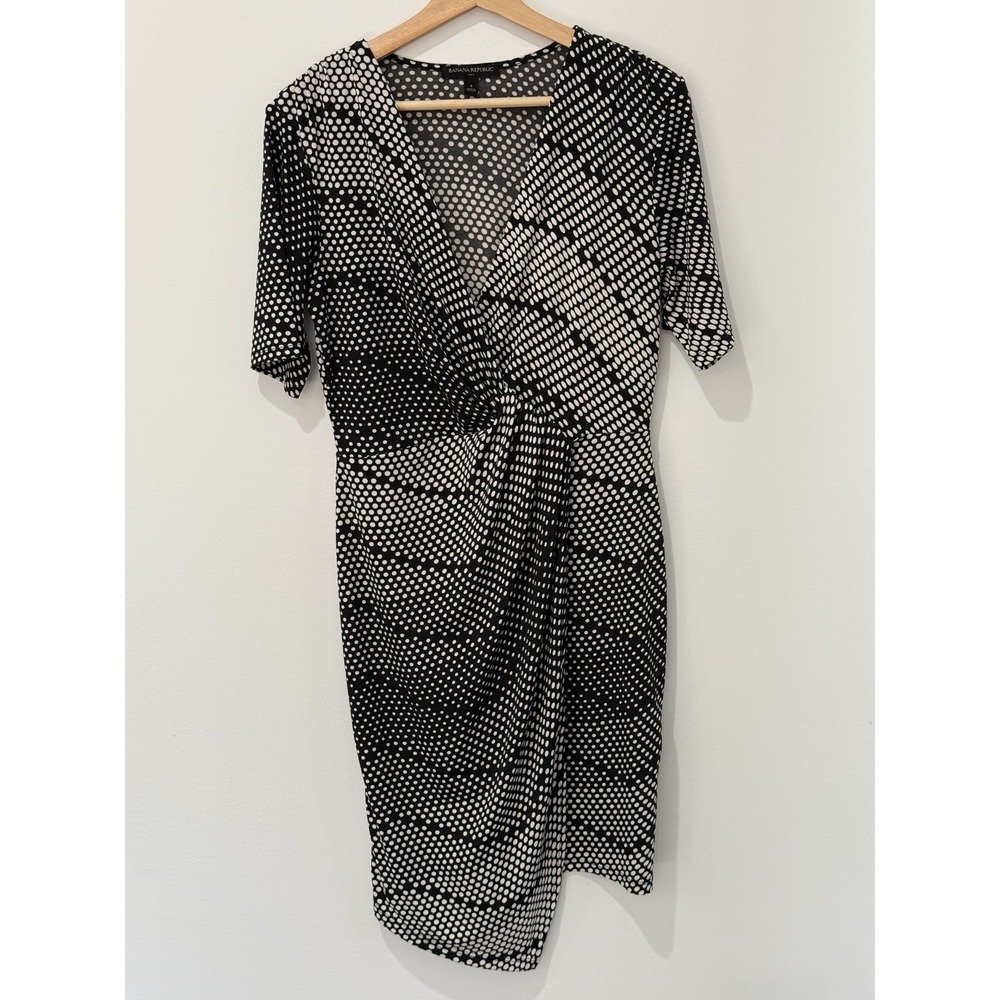 Banana Republic Dress Womens Small Black Polka Dot Twist Front Slinky Knit Midi
